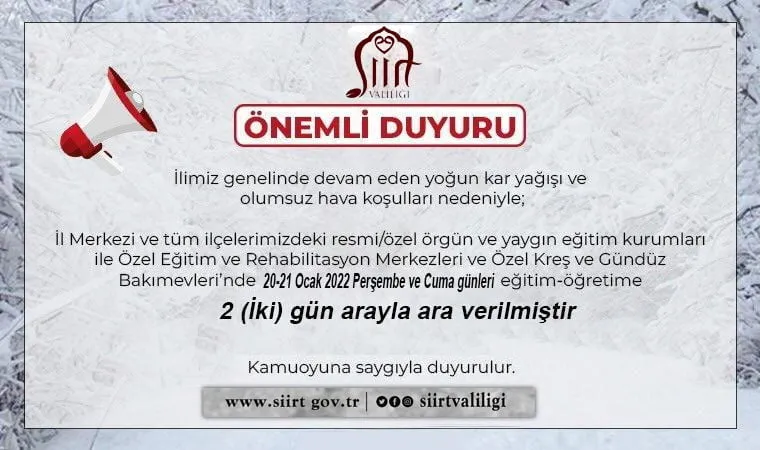 Siirt Genelinde Eğitim-Öğretime 2 Gün Ara Verildi